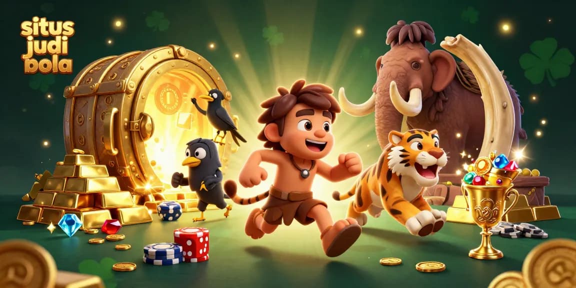 Engage in situs judi bola fun with a 3D caveman casino scene featuring dynamic characters and sparkling treasures.
