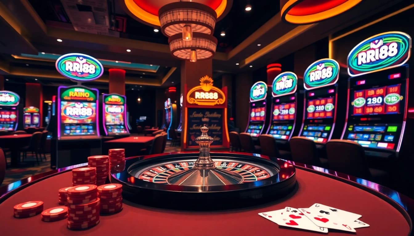 Players enjoying a thrilling round at RR88 with vibrant casino games and stylish decor.