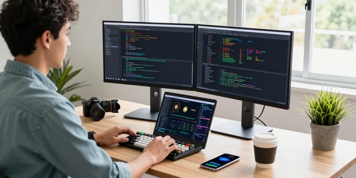 AiCoin实时行情分析界面，技术分析师在现代办公桌上紧张工作。