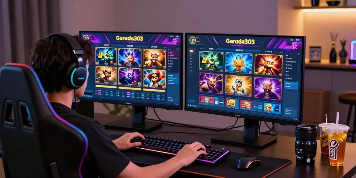 Player engaging with garuda303 online platform, surrounded by colorful slot games and gaming gear.