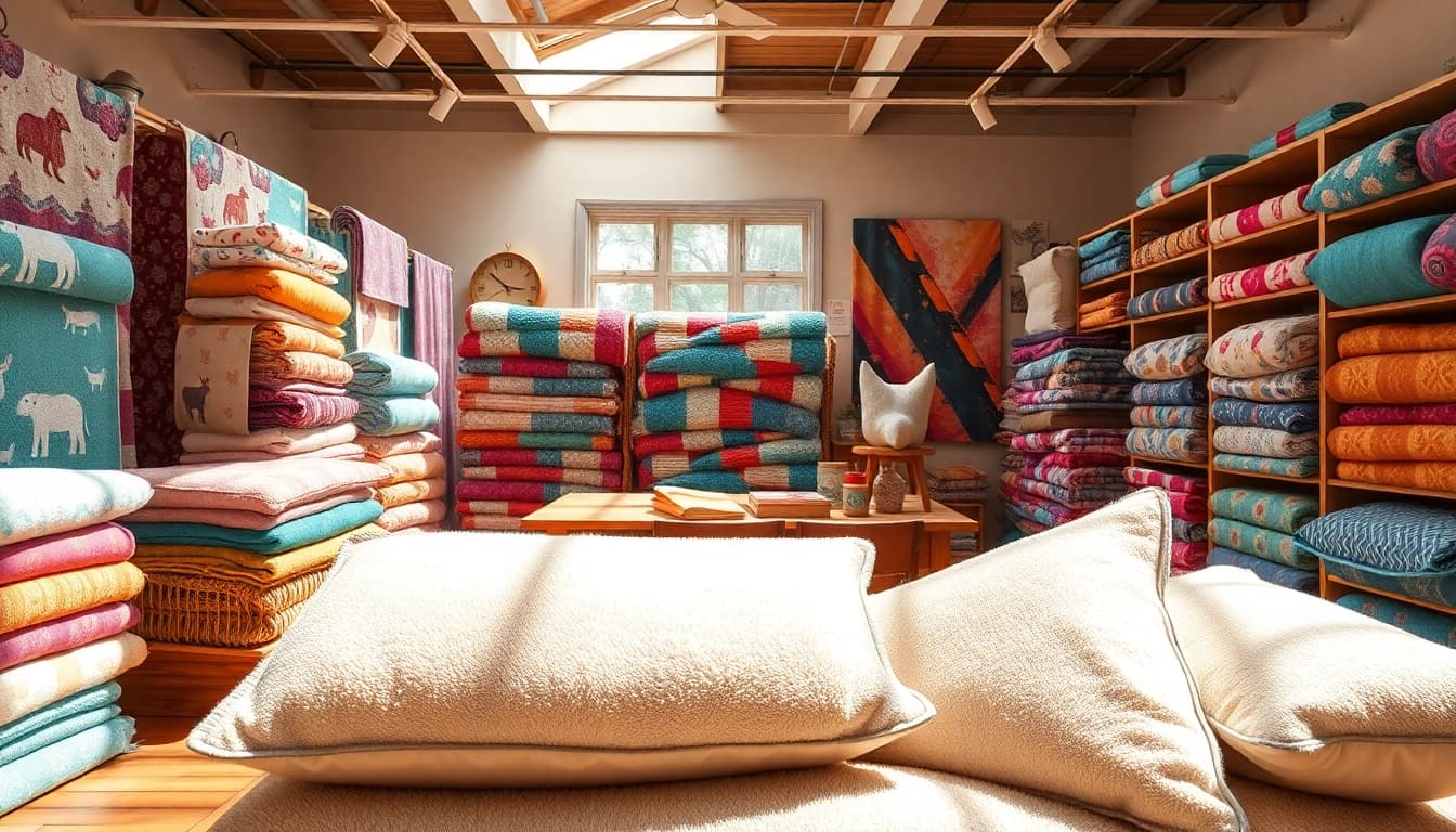 Unieke fleece prints in een sfeervolle stoffenwinkel met kleurrijke ontwerpen.