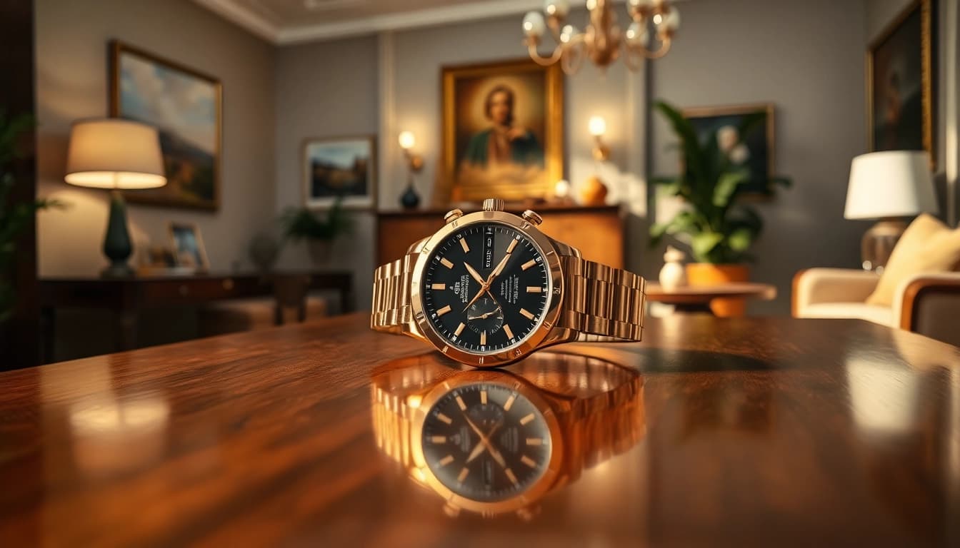 Admired replica watch on a polished table under warm lighting, showcasing its luxury details.