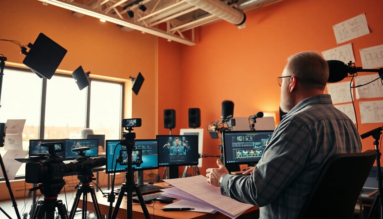 Film Maker actively editing in a vibrant studio filled with film equipment and creative materials.