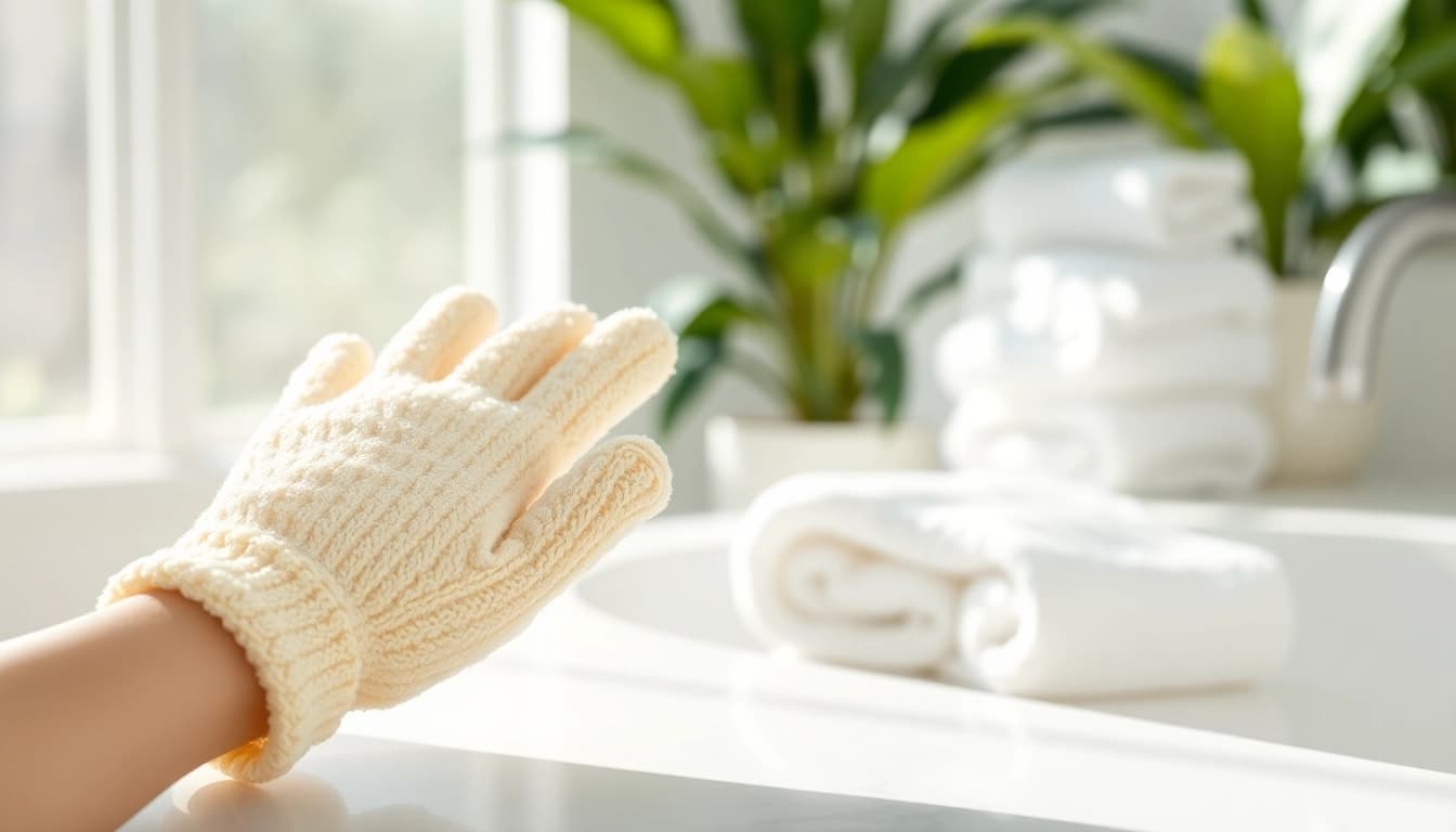 Hand loofah glove resting on a white marble countertop, showcasing its texture and quality.