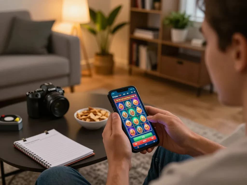 Player enjoying a casino online stranieri experience on a smartphone in a cozy home setting.