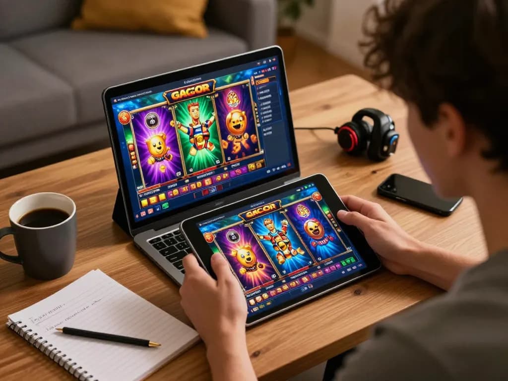 Sesi slot gacor online yang menarik menampilkan seorang pemain di tablet dengan tampilan permainan yang berwarna-warni.