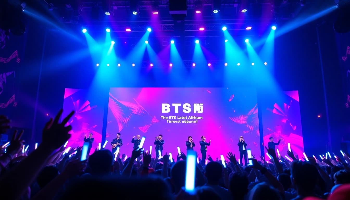 BTS news highlights vibrant concert performance, showcasing fan excitement and dynamic stage lights.