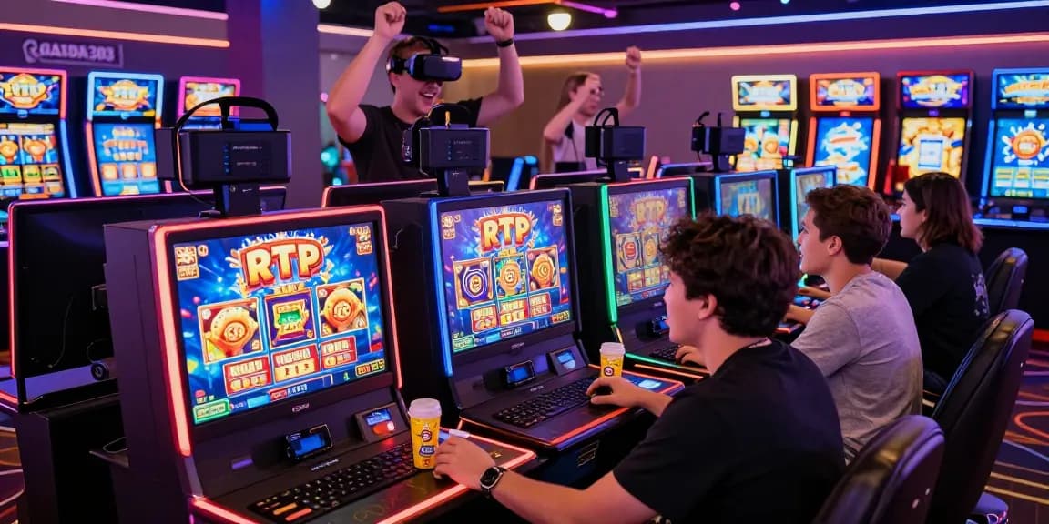 Exciting GARUDA303 online gaming experience with vibrant slot machines and enthusiastic players celebrating wins.