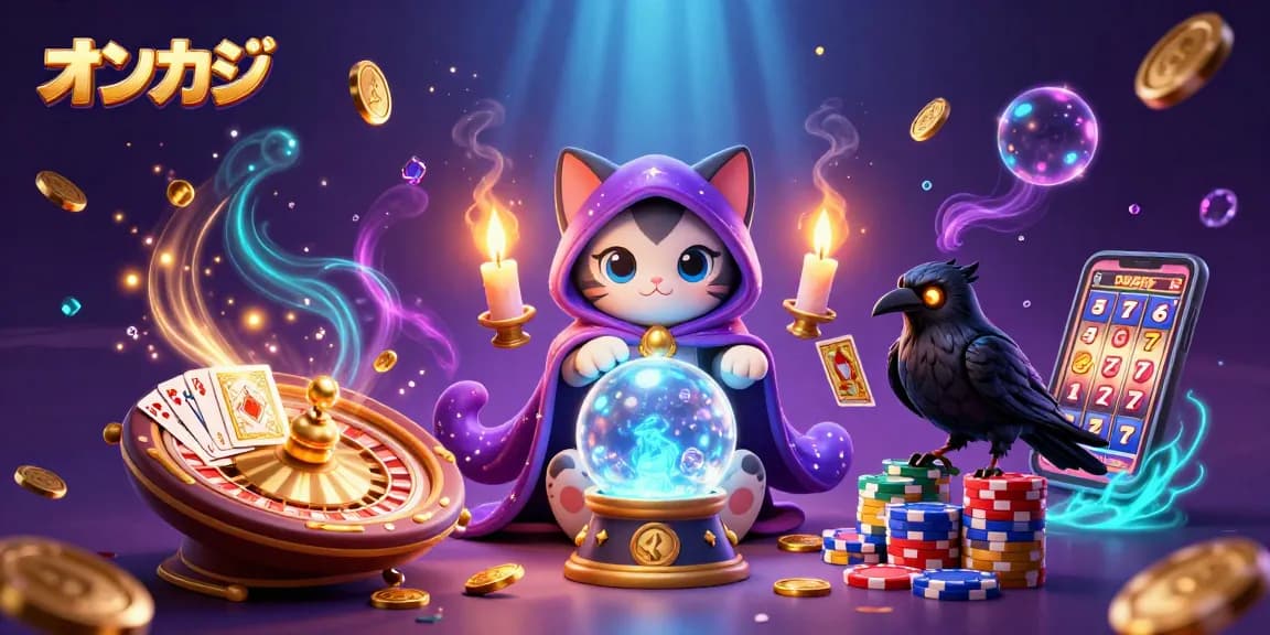 オンカジで勝利を祝う、3Dのキャットとカラスが幻想的なカジノ環境で演出されたイラスト