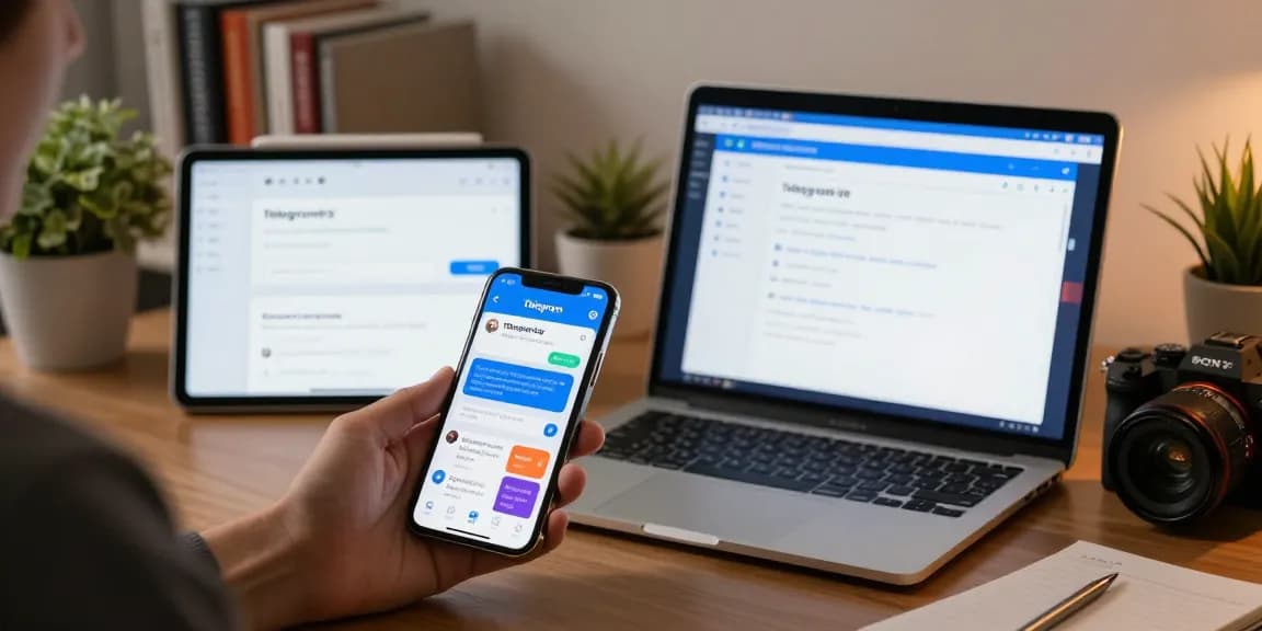 Engaging workspace with Telegram中文 app interface on multiple devices, showcasing user interaction and communication.