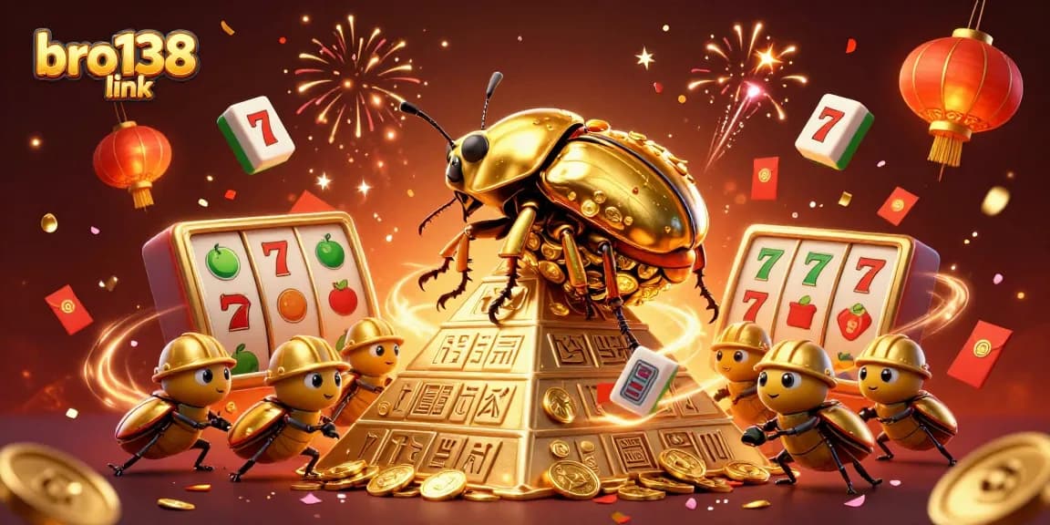 Engage with bro138 link showcasing a vibrant 3D illustration of winning slots and golden beetles in a casino theme.