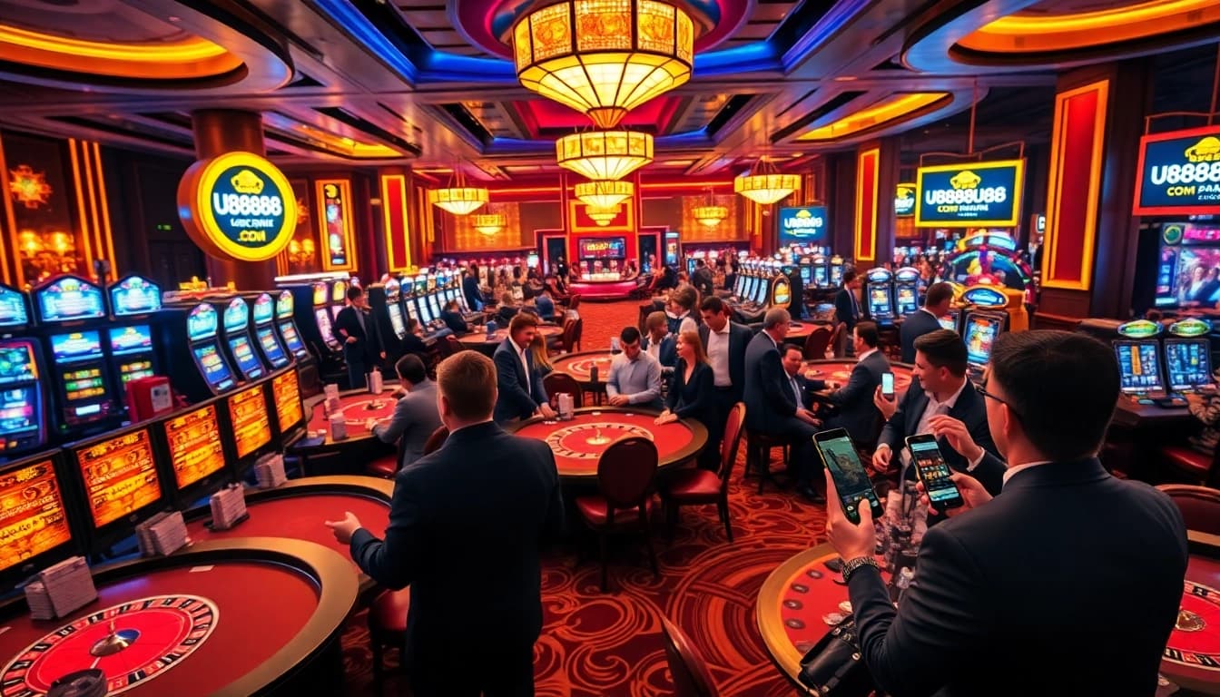 Experience the excitement of gambling at U888u88.com with vibrant casino visuals featuring thrilling games and players.
