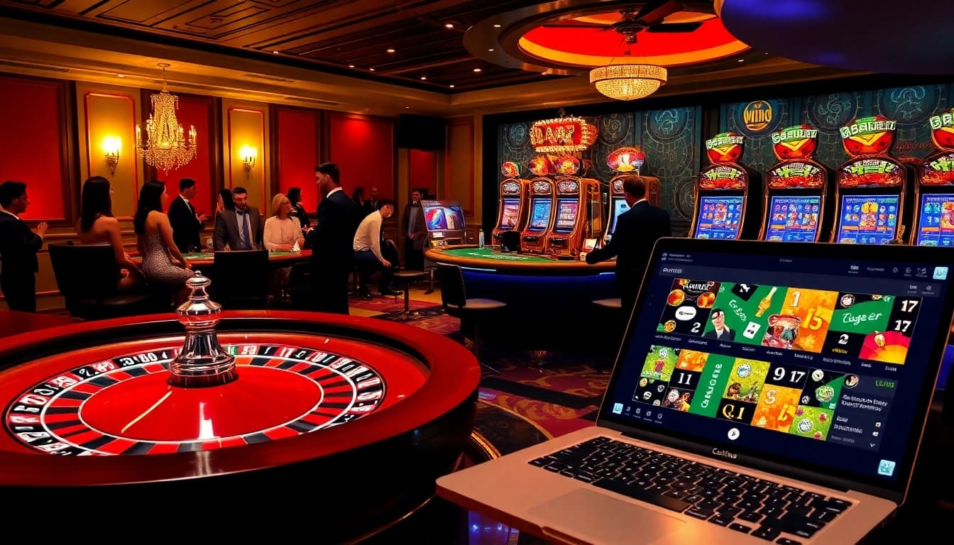 Des joueurs profitant de l'excitation du casino en ligne argent réel France, présentant des jeux de table et des machines à sous dynamiques.