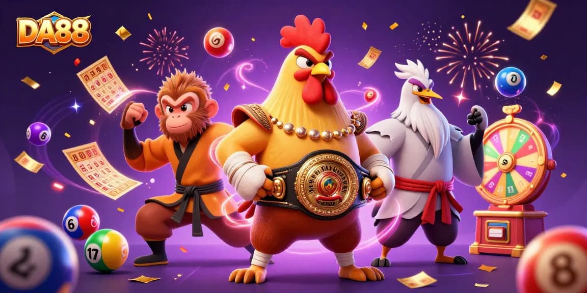 Engage with DA88 gaming excitement featuring vibrant lottery elements and dynamic characters.
