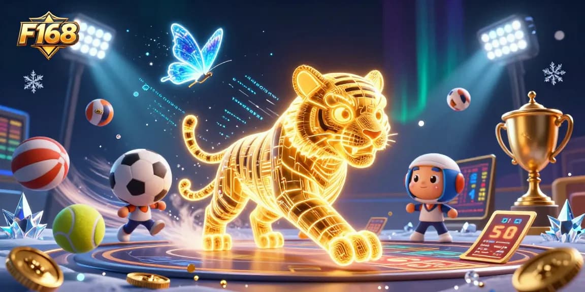 Engage with F168's dynamic casino experience featuring a neon golden tiger amidst vibrant gaming elements.