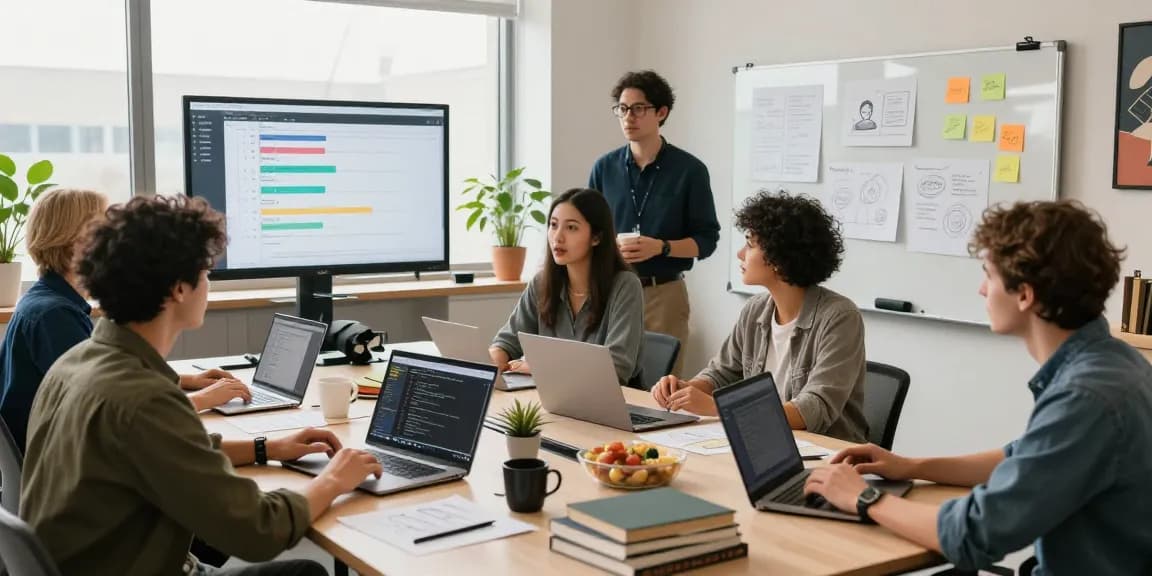 Dynamic team collaborating on Custom Software Development Services in a modern workspace.