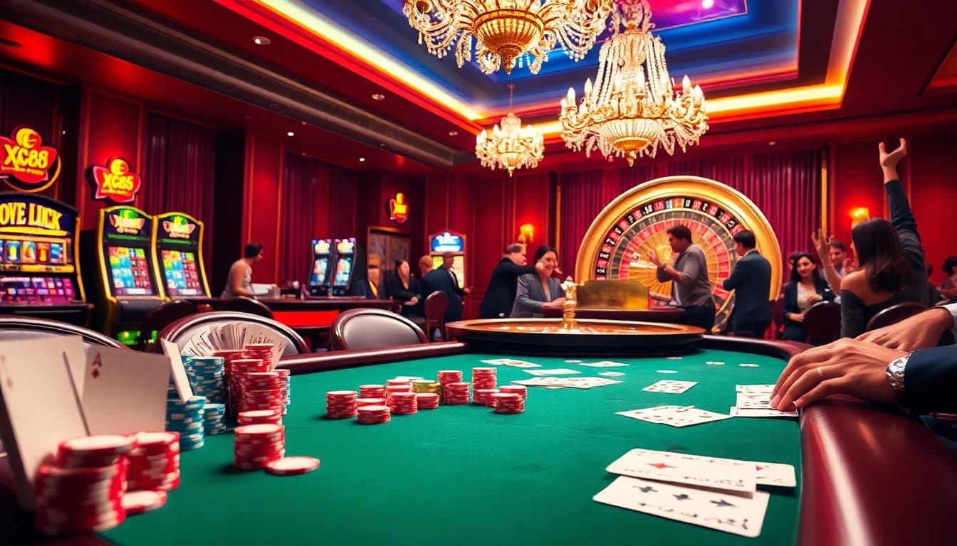 Players celebrate wins at XX88 casino with poker chips and roulette, amidst vibrant gaming atmosphere.
