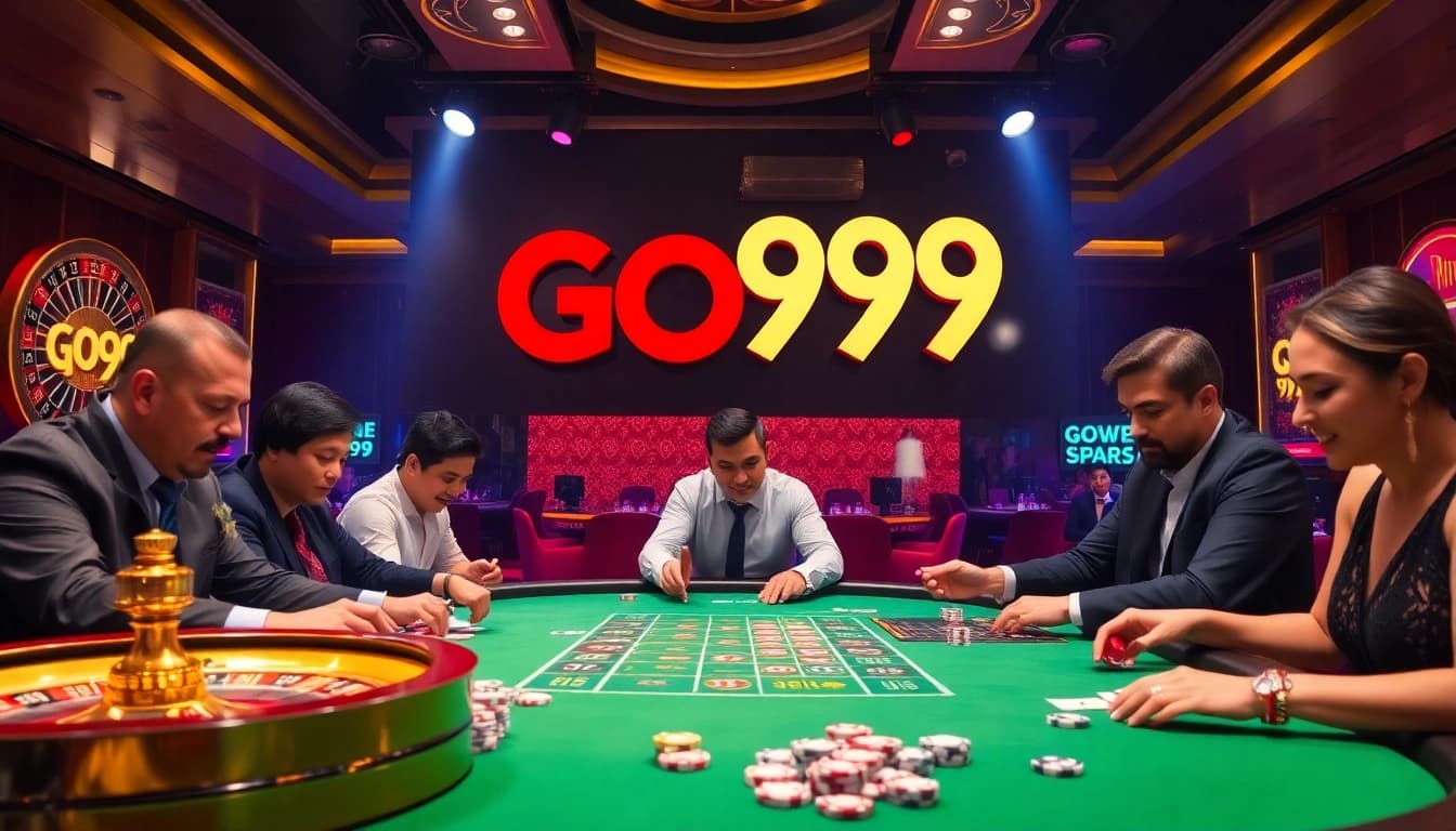 Players engaging in a high-stakes poker game with GO99 prominently featured, showing excitement in a luxury casino.