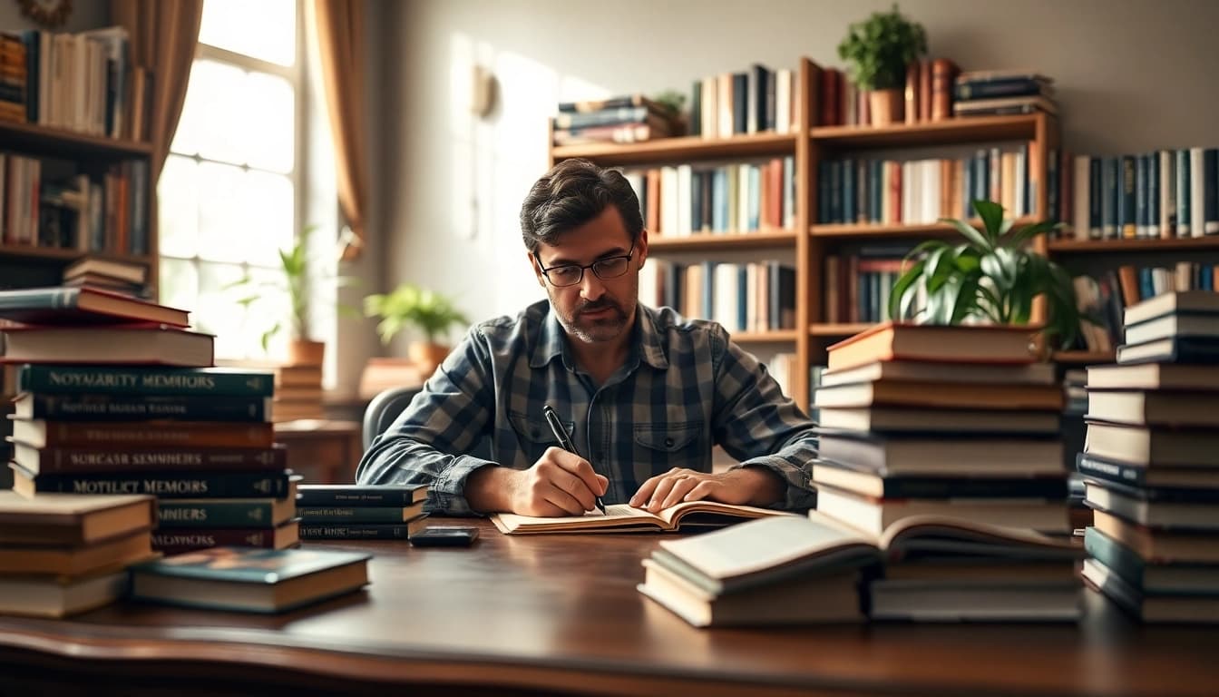 Capture the essence of a Motivational Memoir through a focused author in a cozy library.