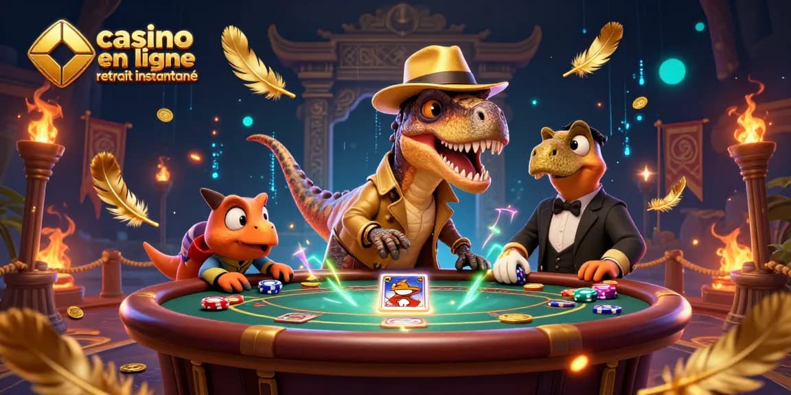 Casino en ligne retrait instantané : illustration d'un velociraptor aux tables de blackjack.