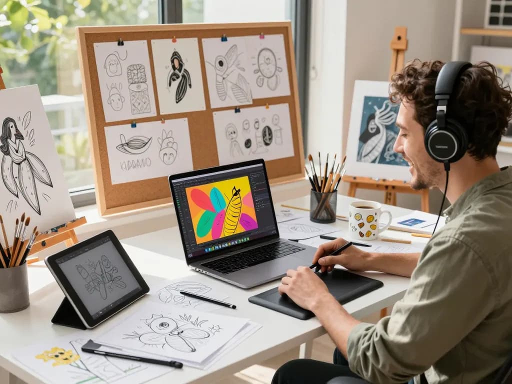 Designer using nano banana 2 AI image editor in a vibrant digital art studio.