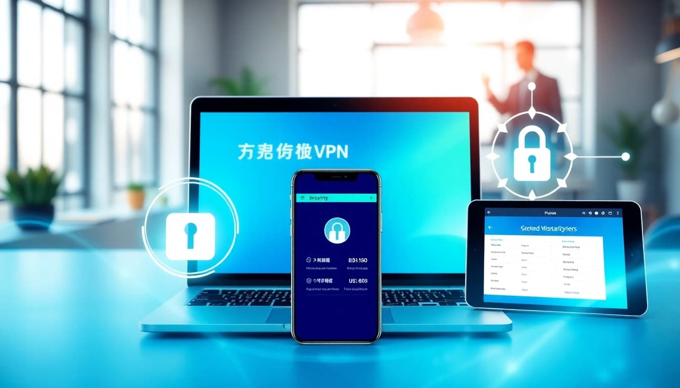 在安全的数字工作区中，现代设备上显示的快连下载 VPN 应用程序。