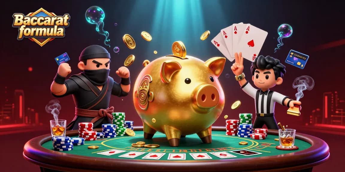 Engage with the Baccarat formula through a vibrant and dynamic scene of casino characters and elements.