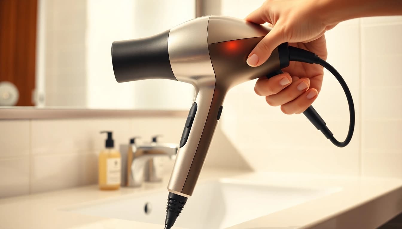 Style fine hair effortlessly with this hair dryer for fine hair in an elegant bathroom setting.