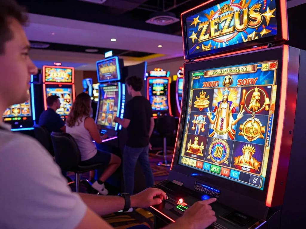 Pemain merayakan kemenangan besar di mesin slot Zeus di kasino yang meriah.