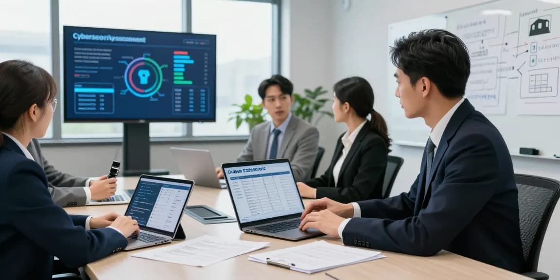 Cyber essentials checklist presented by professionals in a modern office setting, showcasing collaborative cybersecurity assessment.