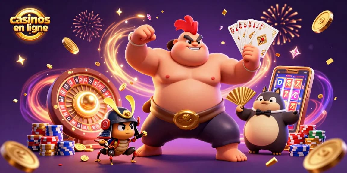 Jouez aux casinos en ligne avec cette illustration dynamique d'animations festives.