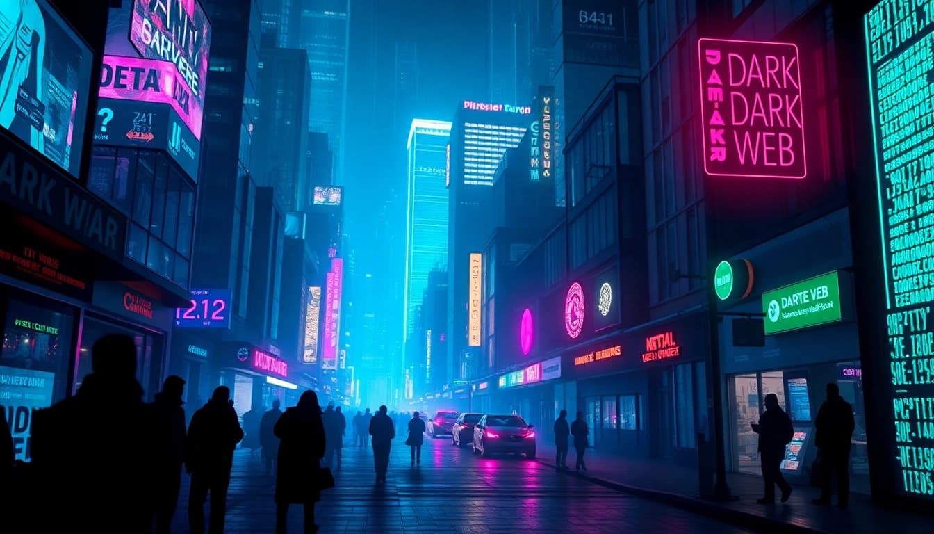 Illustration of a vibrant cityscape representing the hidden wiki dark web, with digital data streams and neon lights.