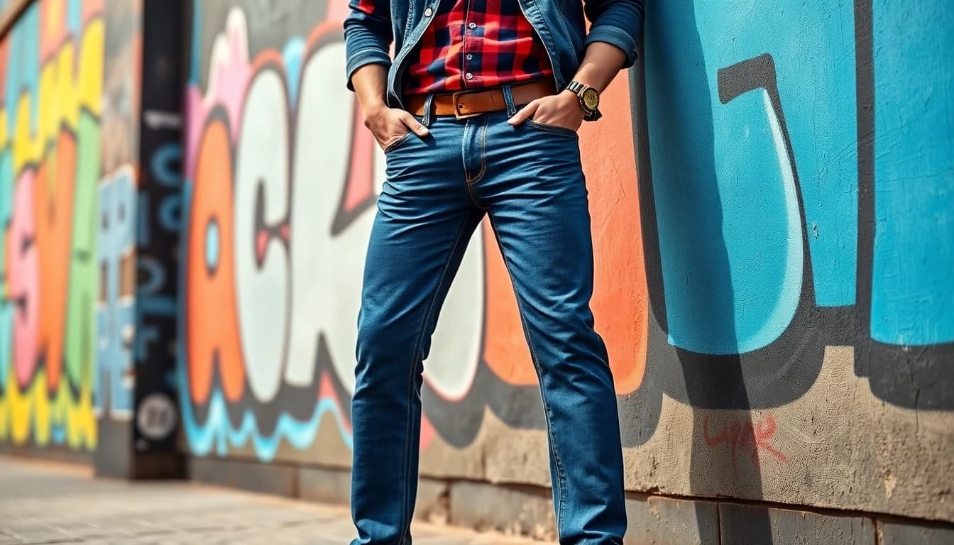 Fashionable model wearing mens slim straight jeans against a vibrant urban backdrop.
