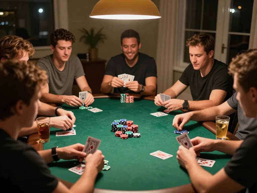 Players enjoying a competitive game of poker at home with LC88, showcasing cards and chips in a lively setting.