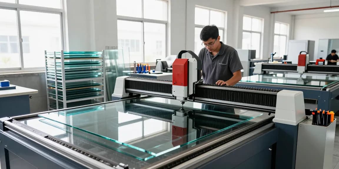 Technician using cutting machine glass in a bright industrial workshop with advanced equipment.