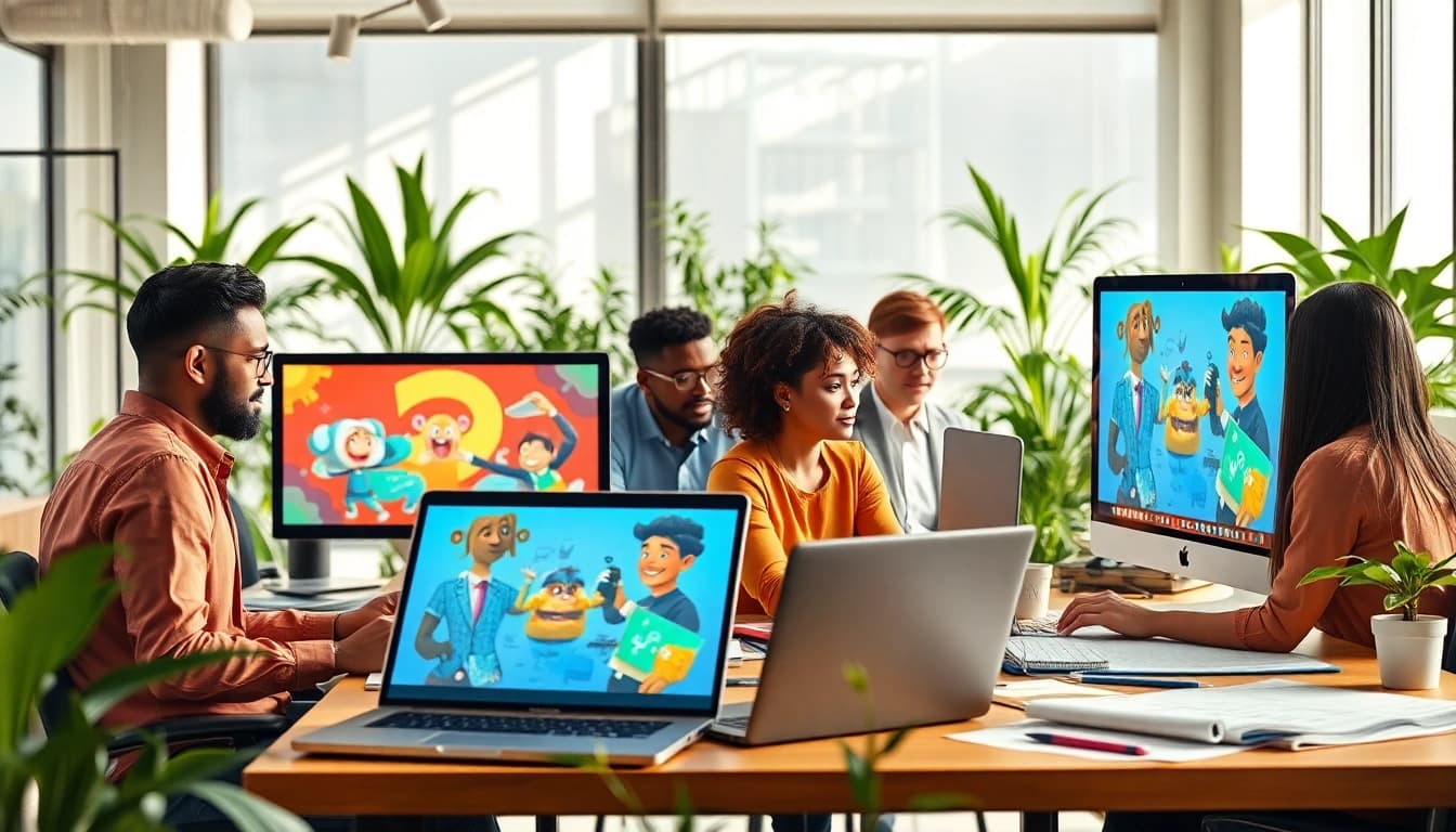 Producing Unternehmensanimation with a creative team in a vibrant office environment.