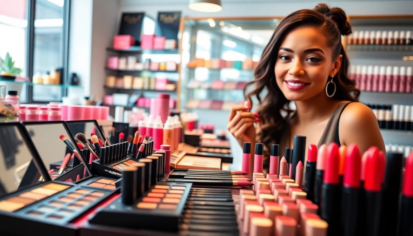 Discover diverse makeup wholesale options showcased in a chic boutique.