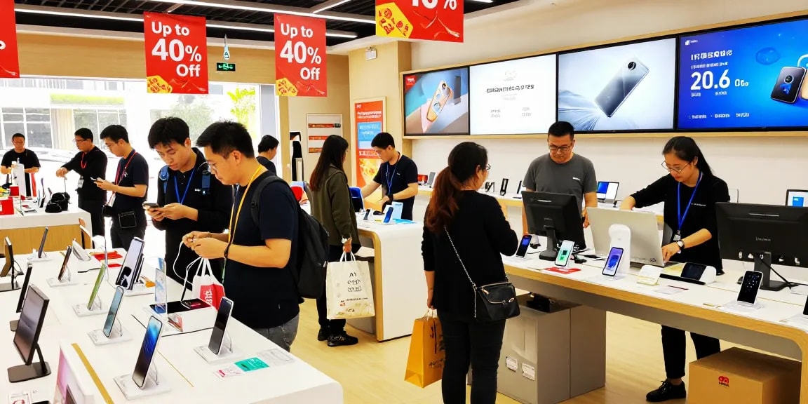 Shoppers exploring rokok88 electronics at vibrant marketplace with discounts.
