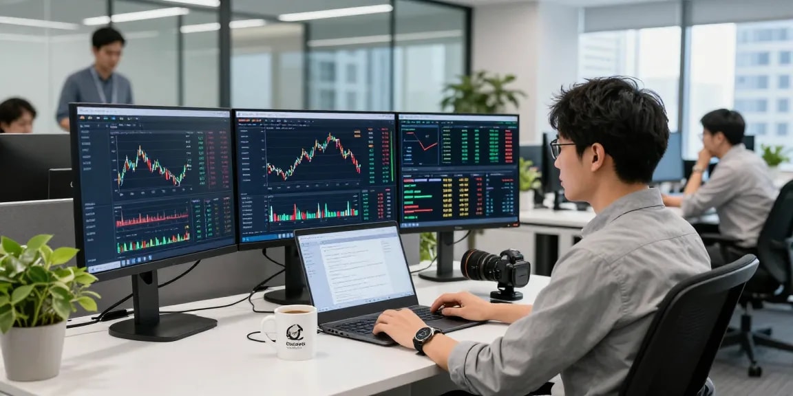 Real-time market data analysis using Japan stock real-time API in a fintech development office.