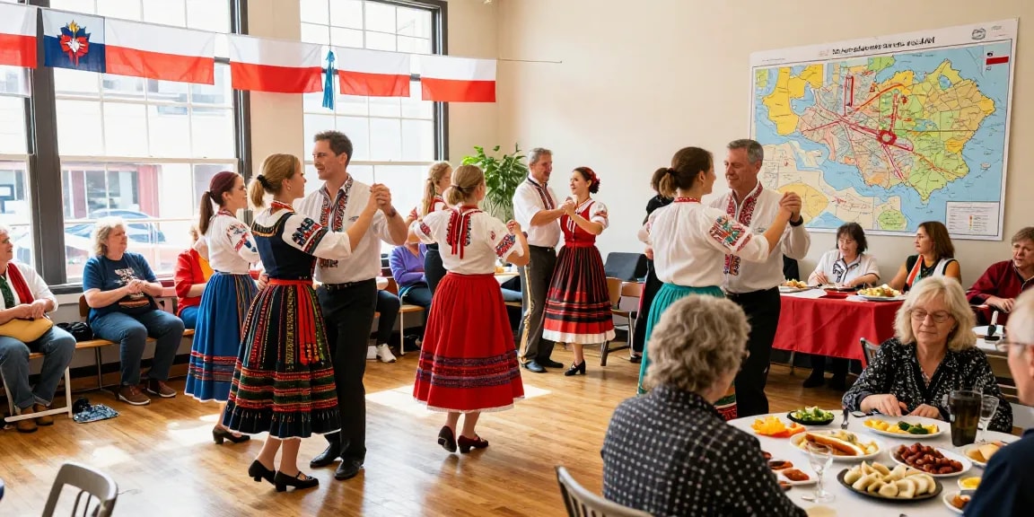 Community gathering of Polish residents celebrating culture at https://www.sfpol.com/ with traditional dance and cuisine.
