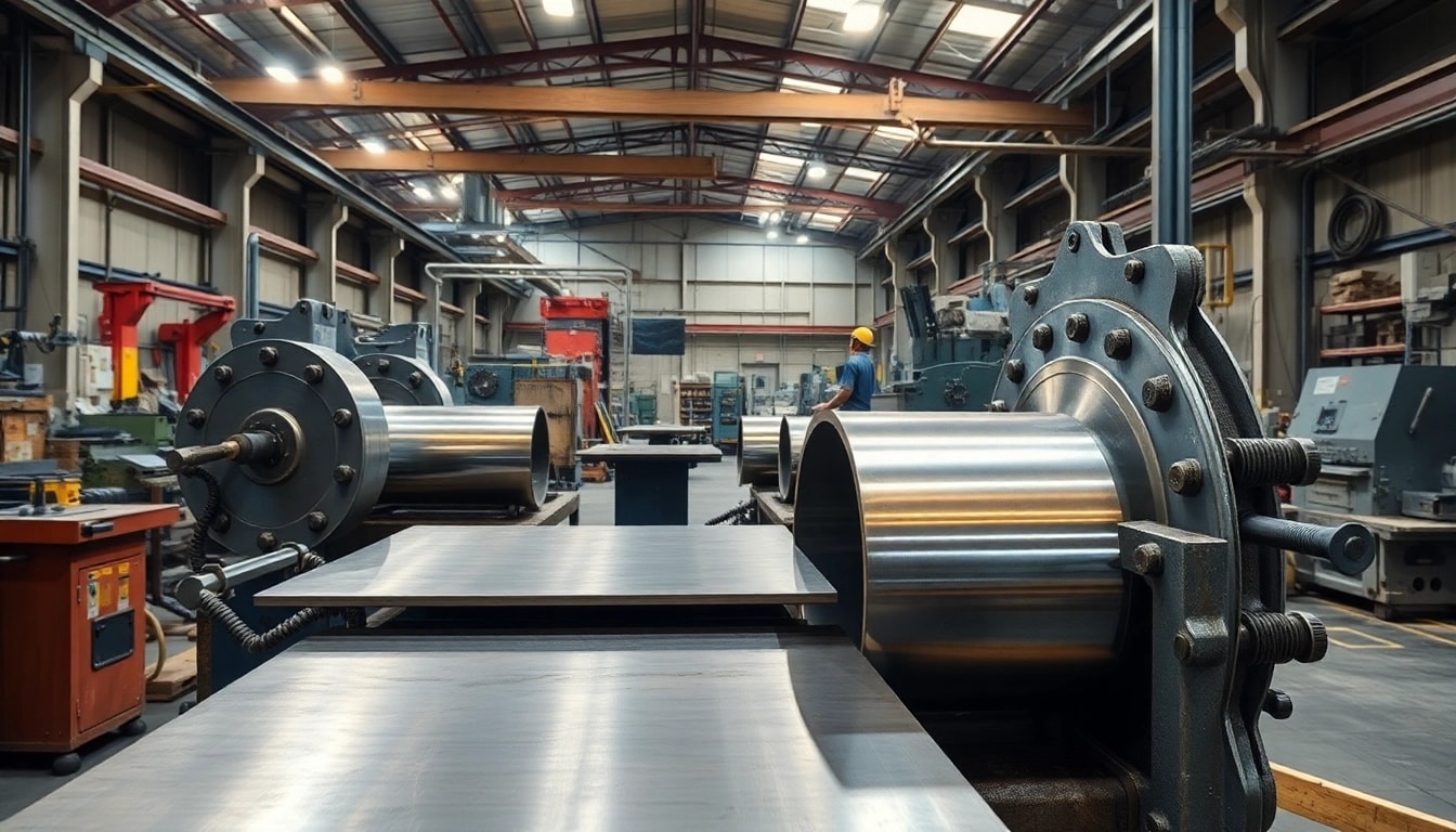 Engaging scene of plate rolling process in a high-tech workshop with metallic equipment.