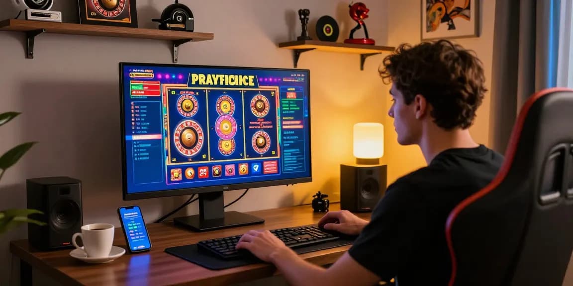 Expérience de jeu en ligne captivante mettant en avant un casino francais en ligne avec un joueur engagé dans un casino virtuel coloré à domicile.