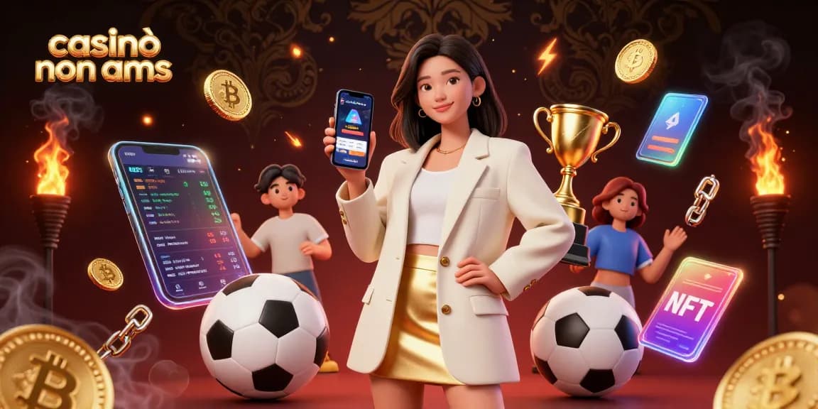 Esplora l'energia dei casinò non AAMS con una donna asiatica amichevole che mostra un'app di scommesse sportive tra monete crypto illuminate.