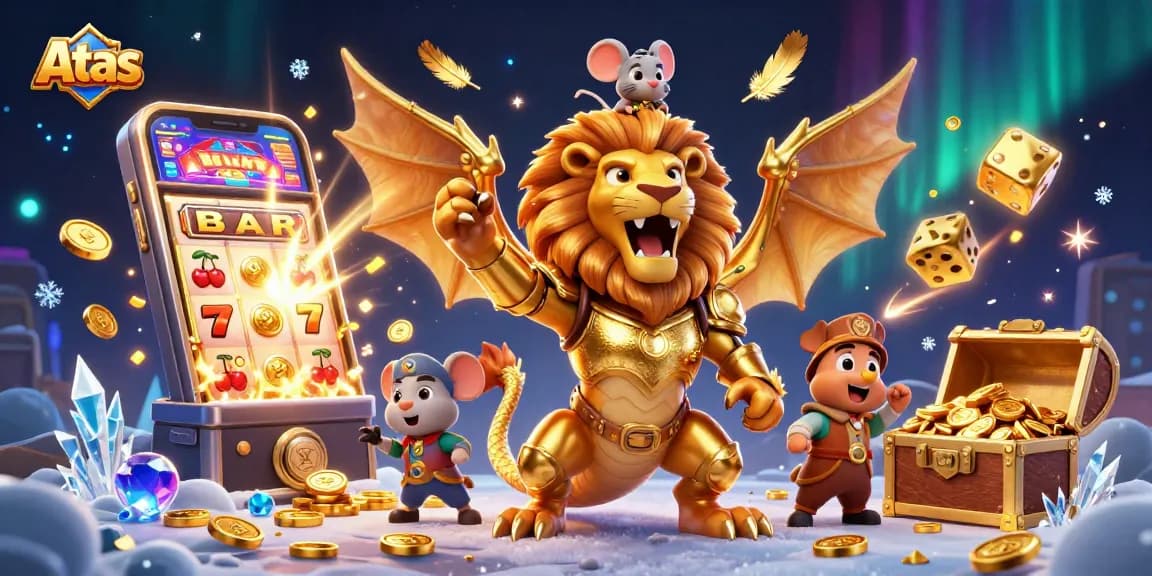 Atas casino scene featuring a chimera in golden armor with slot machine explosion, capturing thrilling online gaming action.