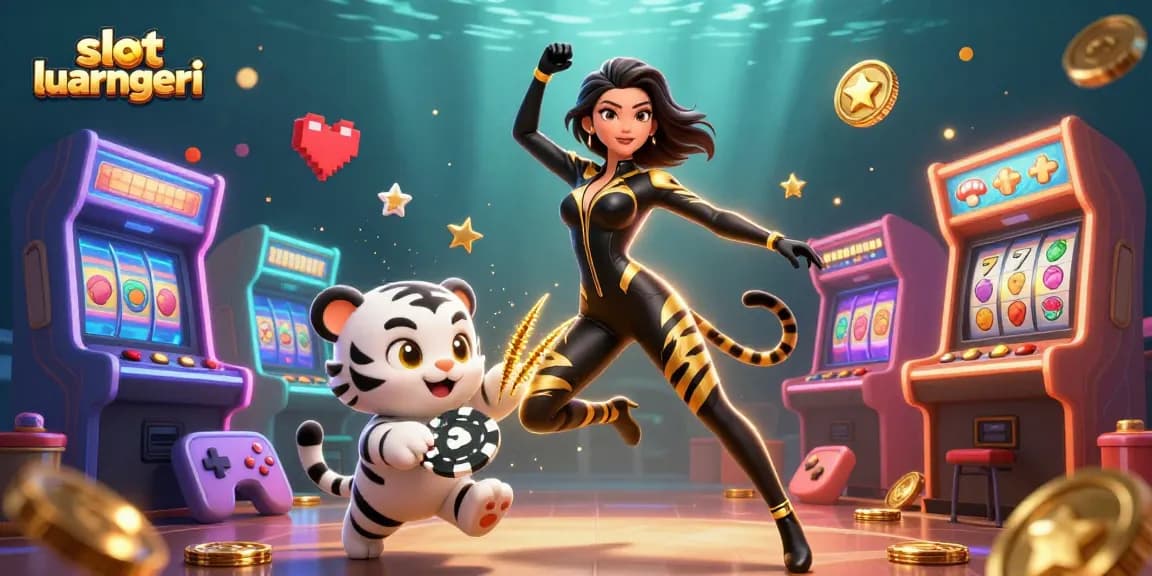 Experience the thrill of slot luar negeri with an acrobatic woman and a playful tiger in a vibrant casino.