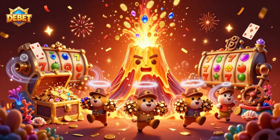 Win big with DEBET in a vibrant 3D illustration of casino excitement and treasure.