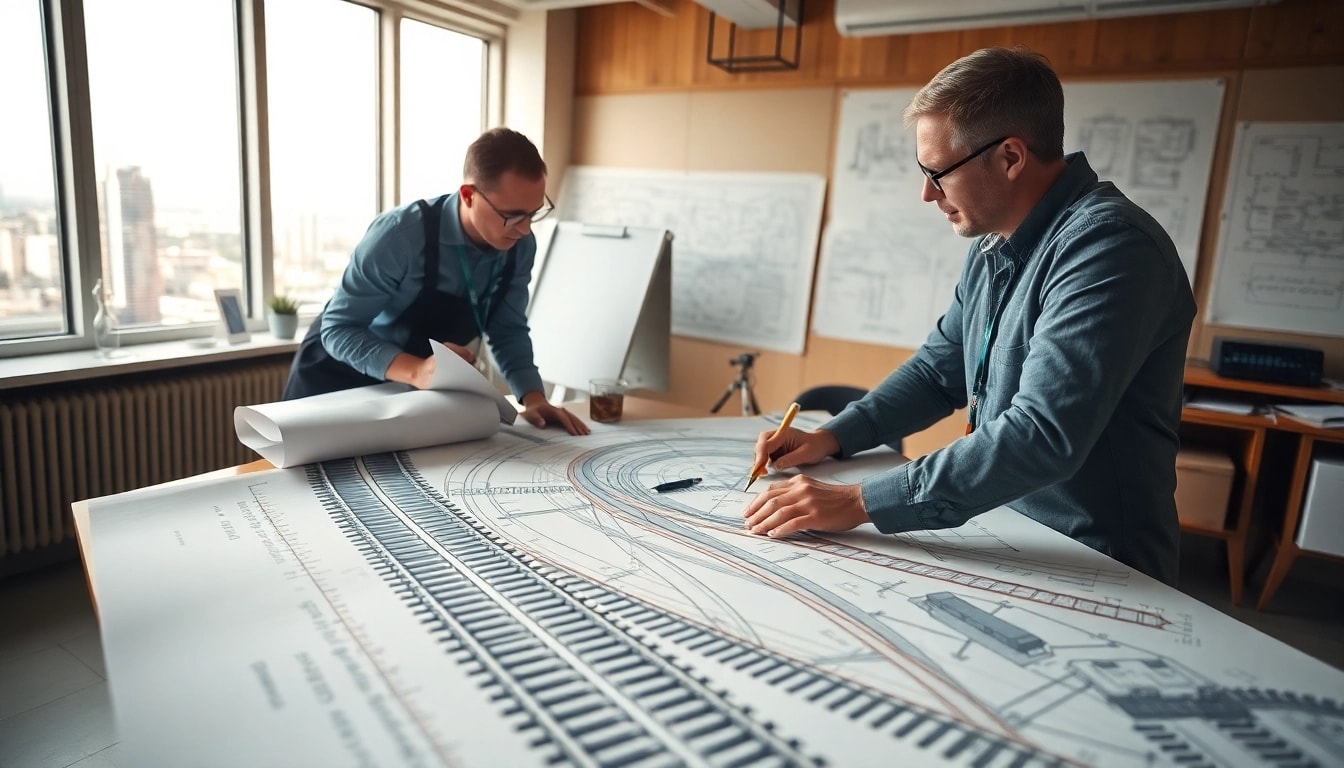 Railroad Design Consultants collaborating on project designs in a bright, professional workspace.