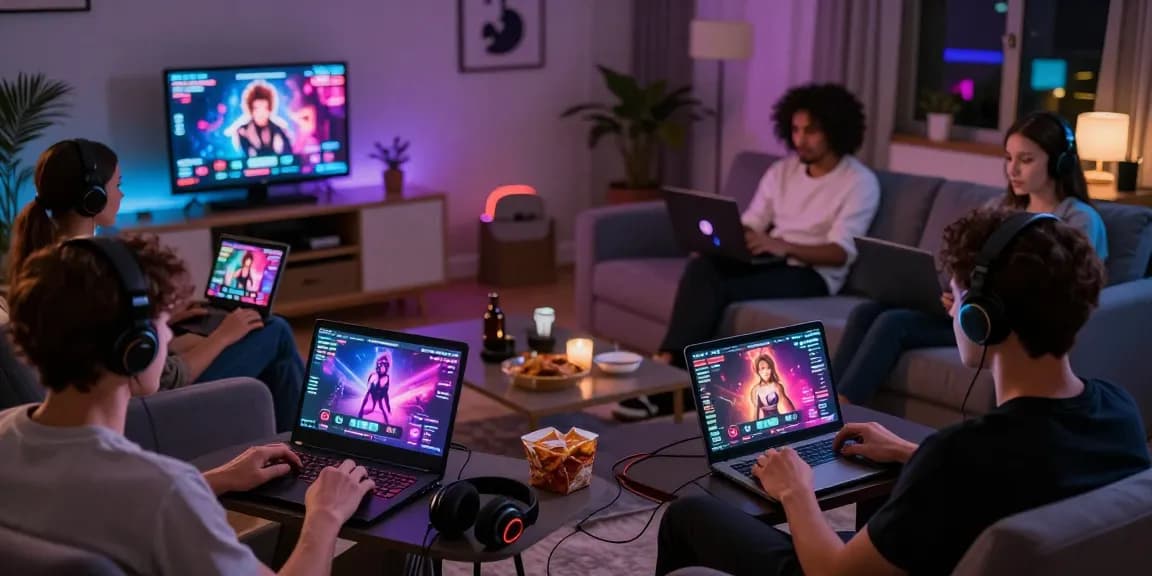 Players enjoying an online sex game in a cozy atmosphere, showcasing vivid interfaces and gaming accessories.