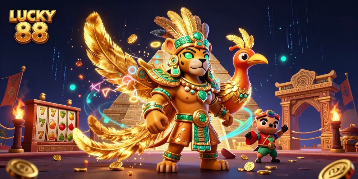 Engage with the thrilling LUCKY 88 slot scene filled with vibrant characters and vivid casino elements.