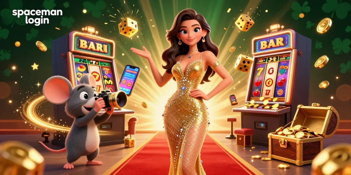 The spaceman login scene showcases a vibrant 3D casino illustration featuring a glamorous character, golden slots, and festive elements.